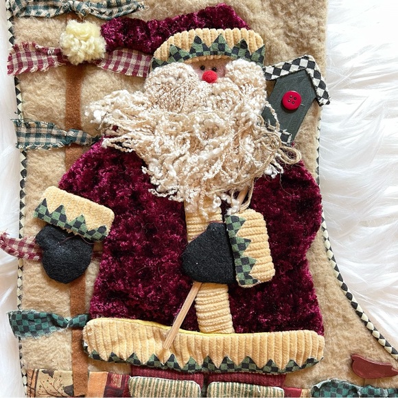 Embellished Primitive Christmas Stocking - Santa Holding Birdhouse - Picture 2 of 6